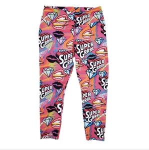 Grrrl Super Girl Pink Multi-Color Pop Art Crop Leggings Medium‎